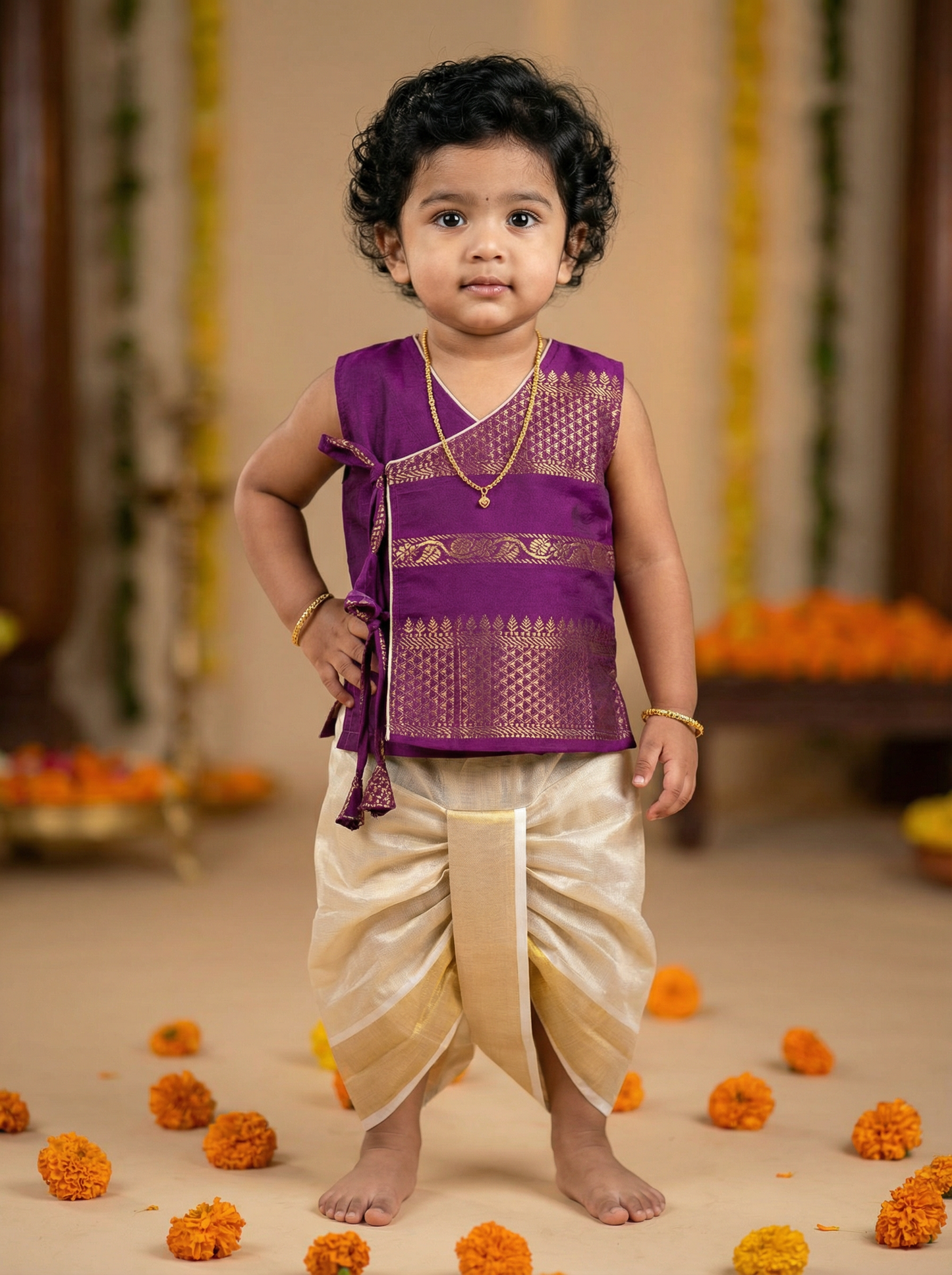 Royal Wine Angrakha Kurta with Reshme Beige Gold dhoti - Cotton Silk Ethnic Wear for baby boy