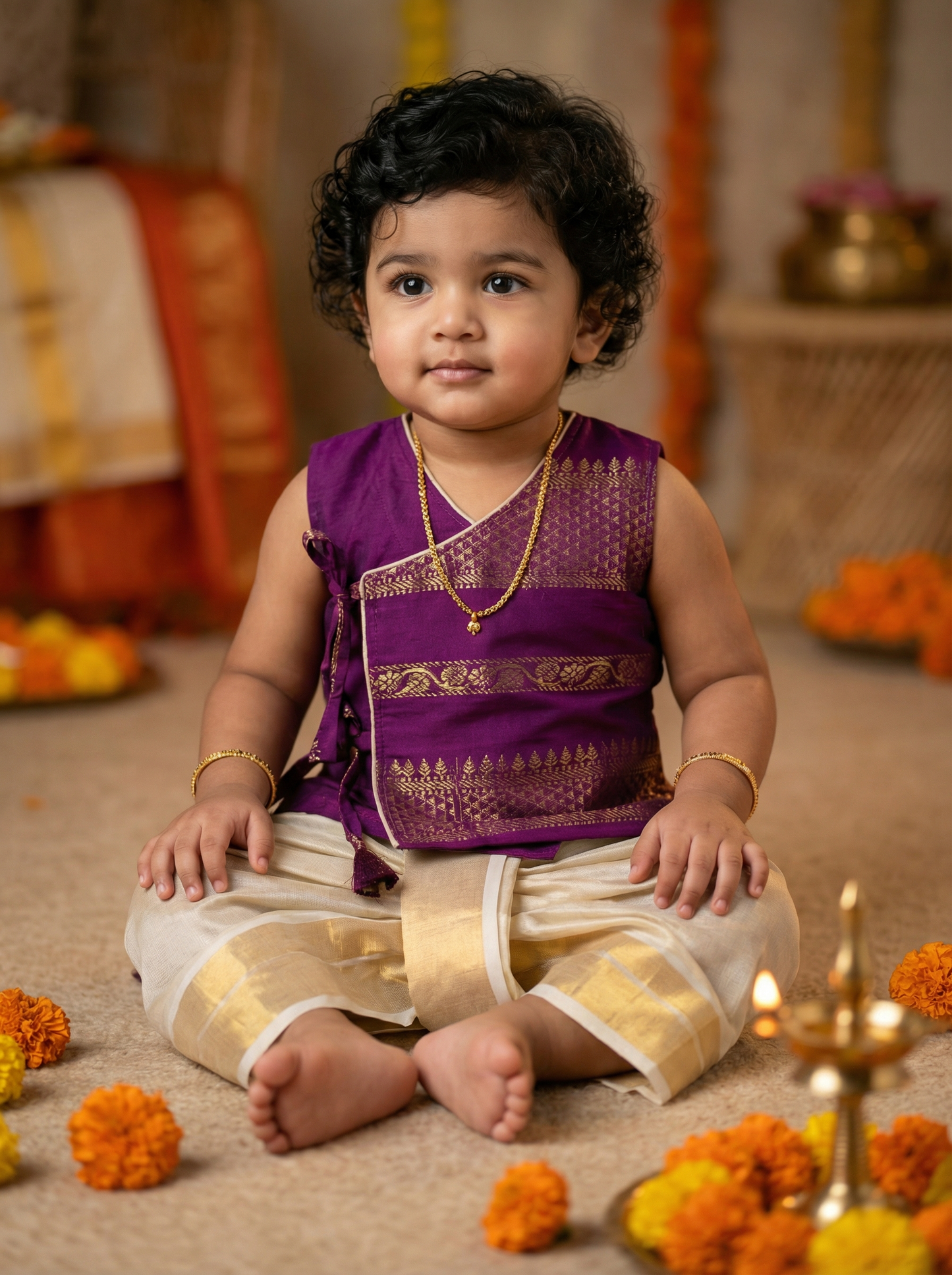 Royal Wine Angrakha Kurta with Reshme Beige Gold dhoti - Cotton Silk Ethnic Wear for baby boy