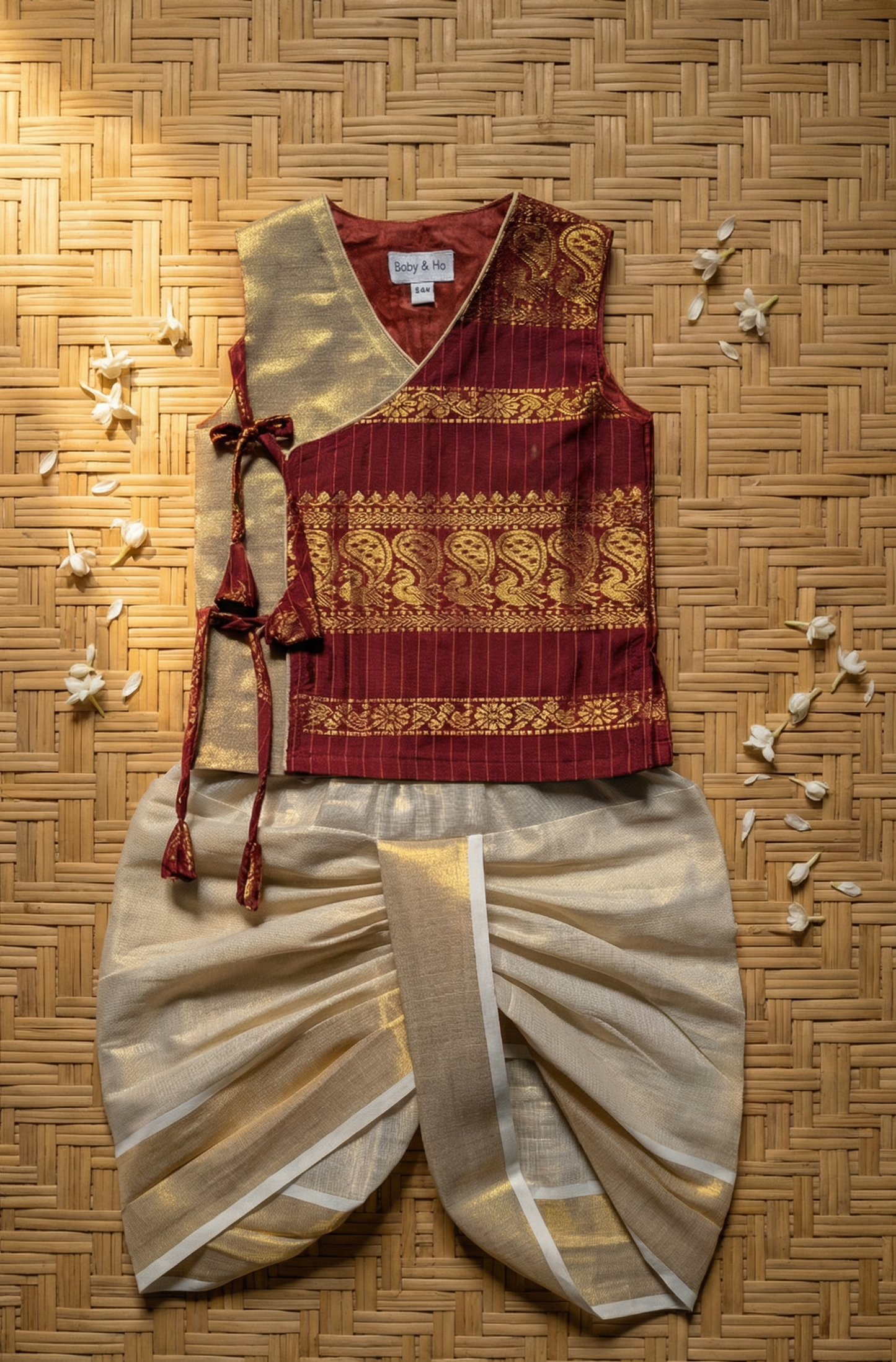 Royal Maroon Angrakha Kurta with Reshme Beige gold dhoti - Cotton Silk ethnic wear for baby boy