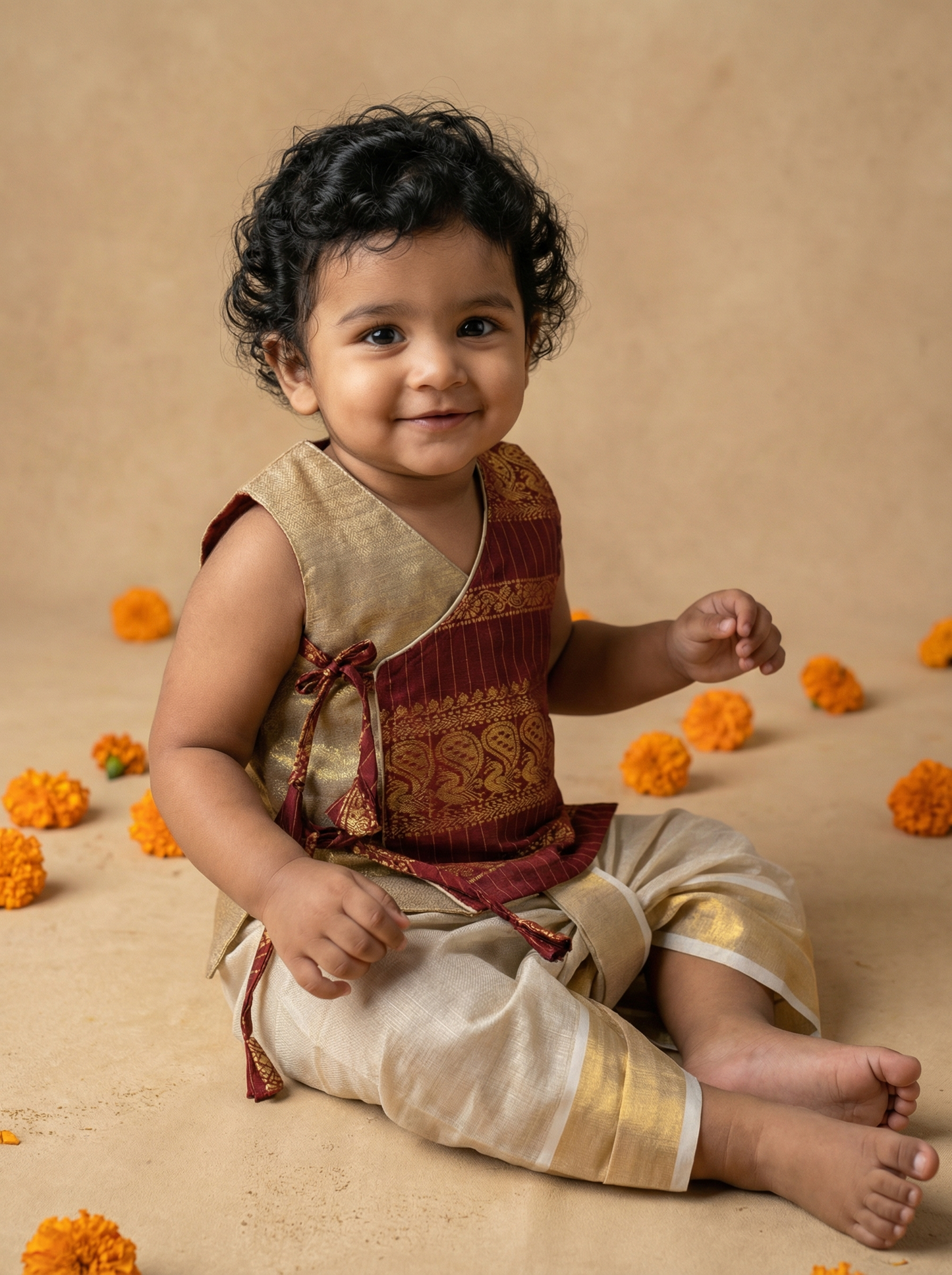 Royal Maroon Angrakha Kurta with Reshme Beige gold dhoti - Cotton Silk ethnic wear for baby boy