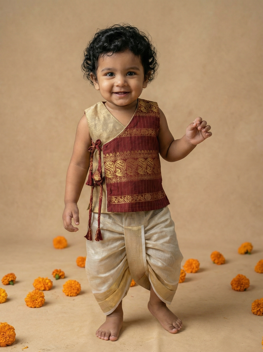 Royal Maroon Angrakha Kurta with Reshme Beige gold dhoti - Cotton Silk ethnic wear for baby boy
