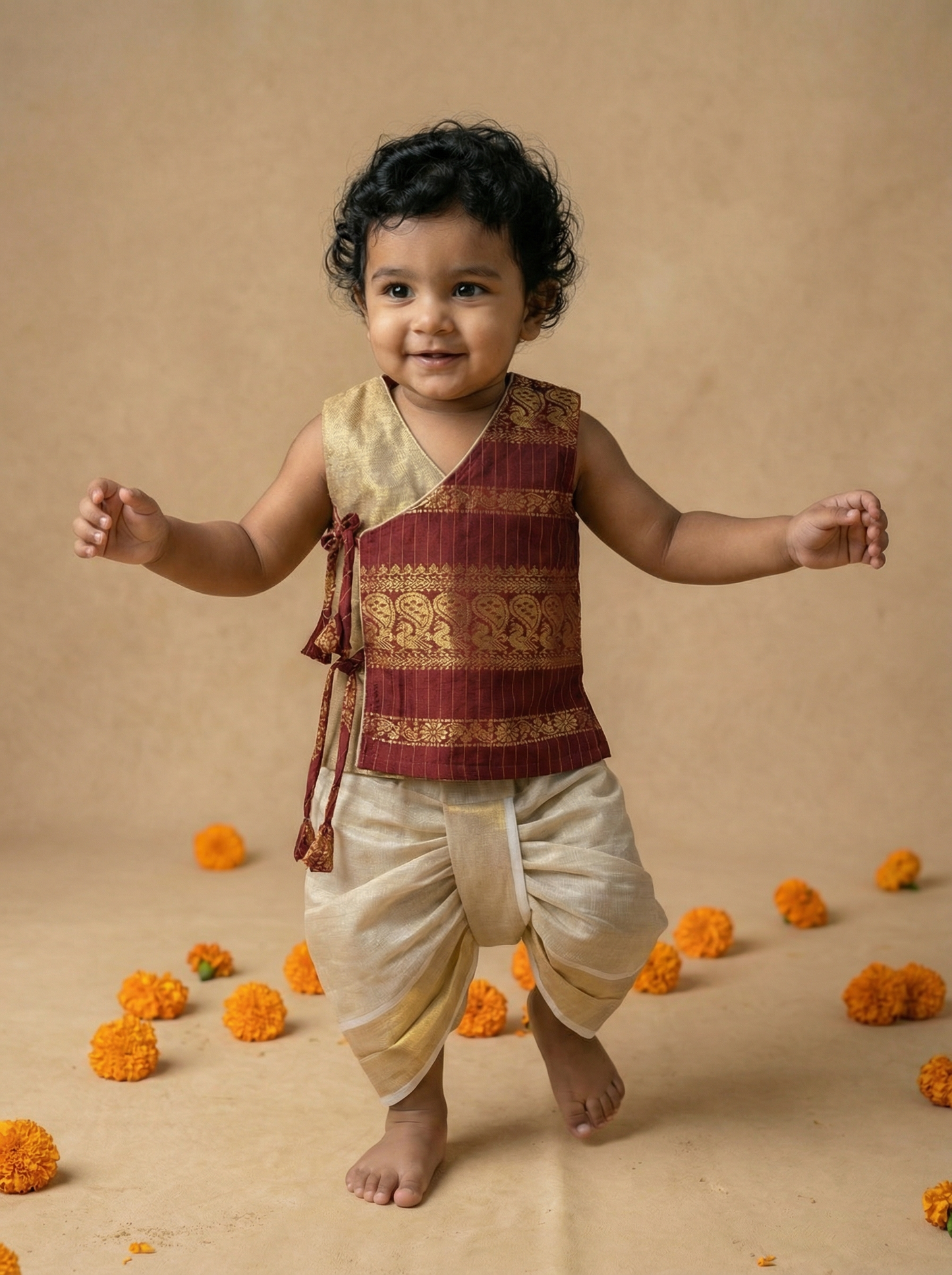 Royal Maroon Angrakha Kurta with Reshme Beige gold dhoti - Cotton Silk ethnic wear for baby boy