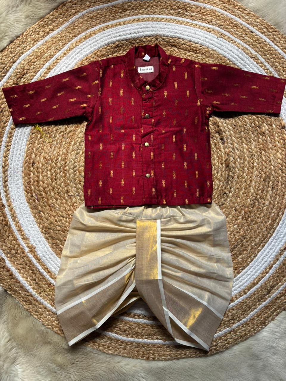 Maroon kurta and Gold Dhoti for Boys – Traditional Ethnic Wear for Baby Boy