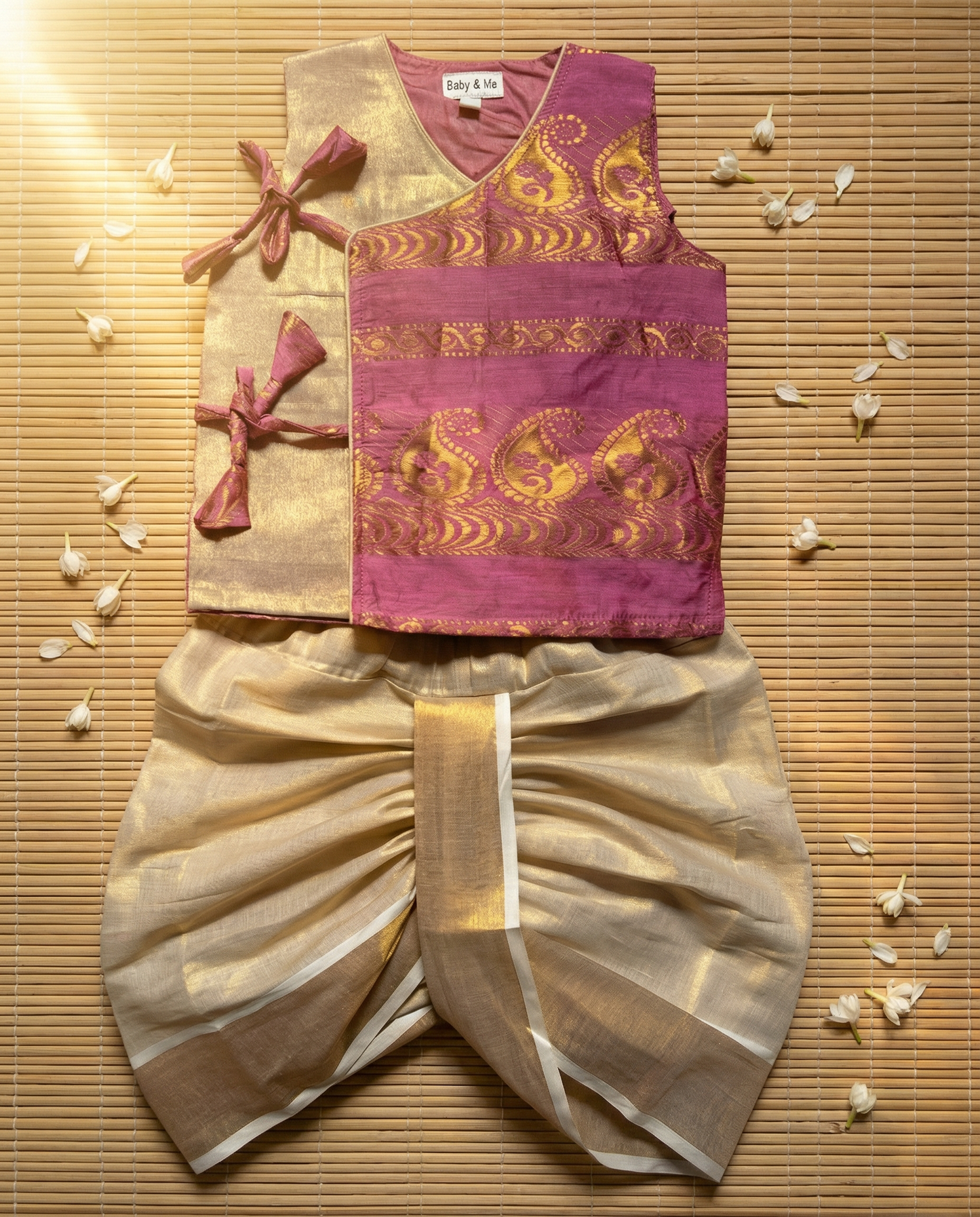 Onion pink Angrakha Kurta with gold dhoti - Cotton Silk ethnic wear for baby boy