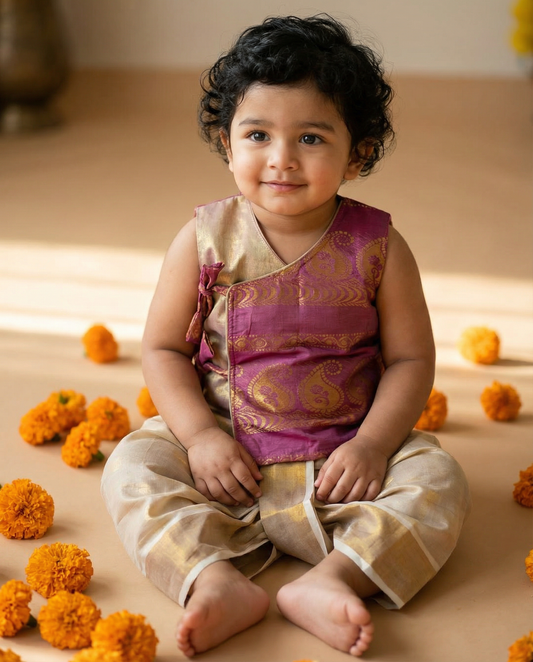 Onion pink Angrakha Kurta with gold dhoti - Cotton Silk ethnic wear for baby boy