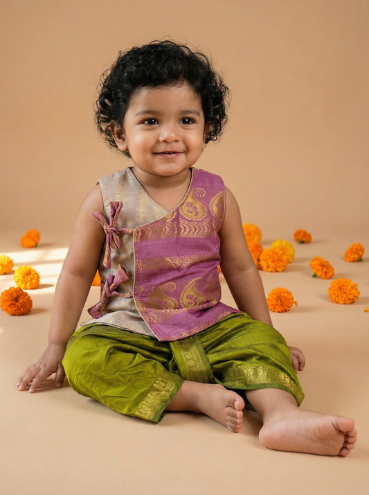 Onion pink Angrakha Kurta with dhoti - Cotton Silk ethnic wear for baby boy