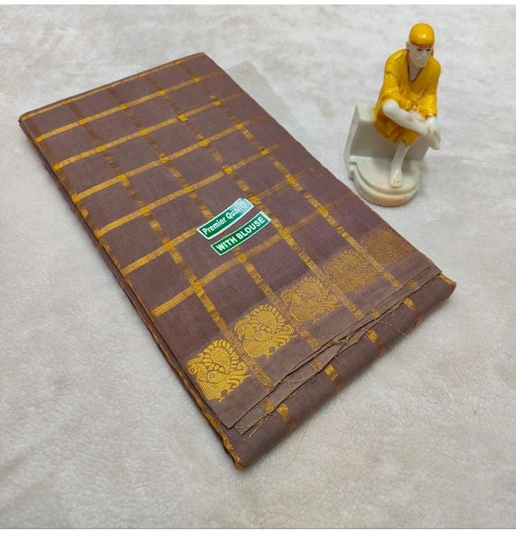 Brown with gold checks  - Premium Cotton Silk Saree with Contrast Blouse