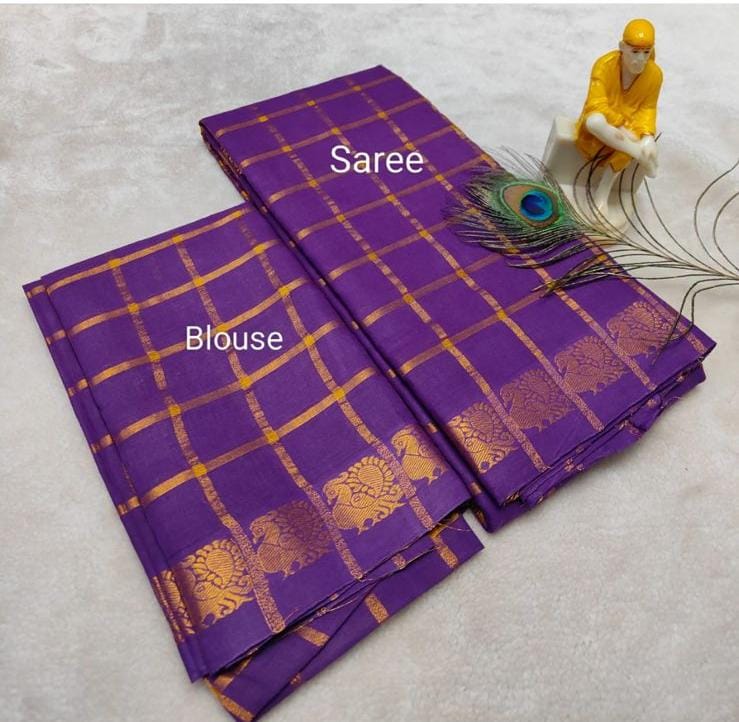 Deep violet with gold checks  - Premium Cotton Silk Saree with Contrast Blouse