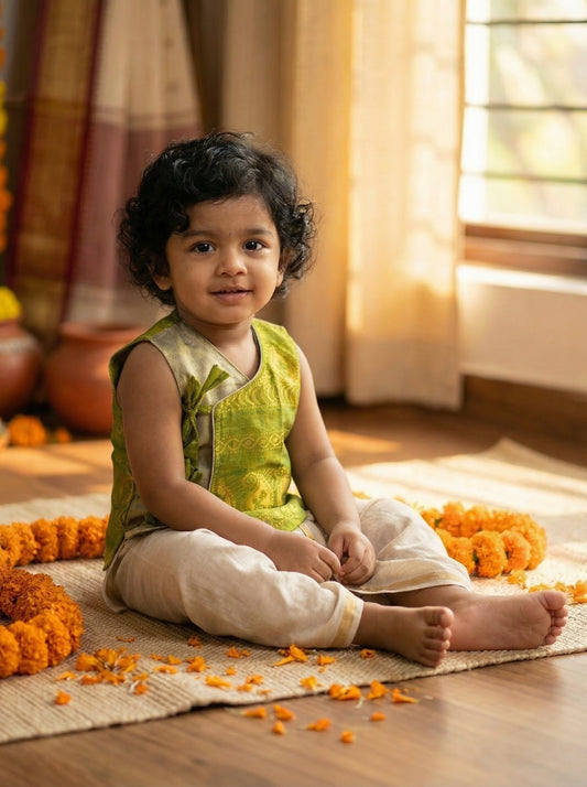 Parrot green Angrakha Kurta and Gold Dhoti for Baby Boy – Sleeveless Ethnic Wear