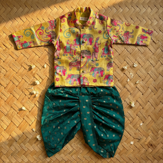 Traditional Indian Yellow Aane Print kurta with peacock blue dhoti baby boy ethnic wear