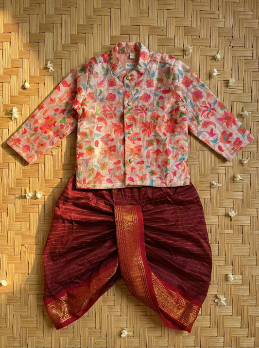 Traditional Indian Multi floral Autumn kurta with maroon checked dhoti baby boy ethnic wear
