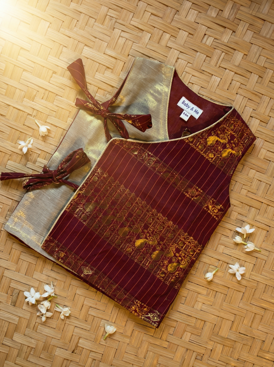 Maroon checks angrakha cotton silk kurta top baby boy ethnic wear
