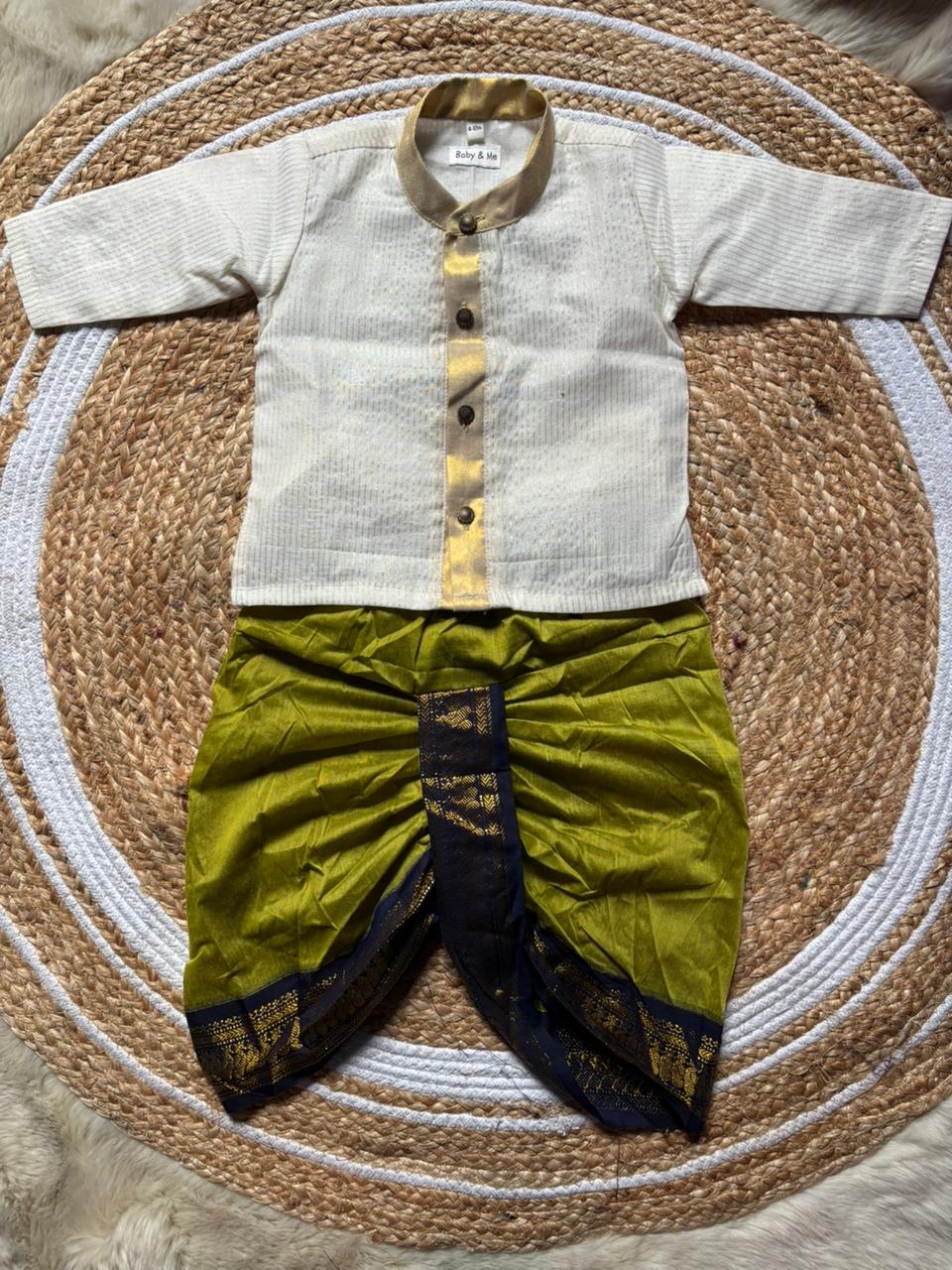 White with gold Kurta and green Dhoti for baby boy