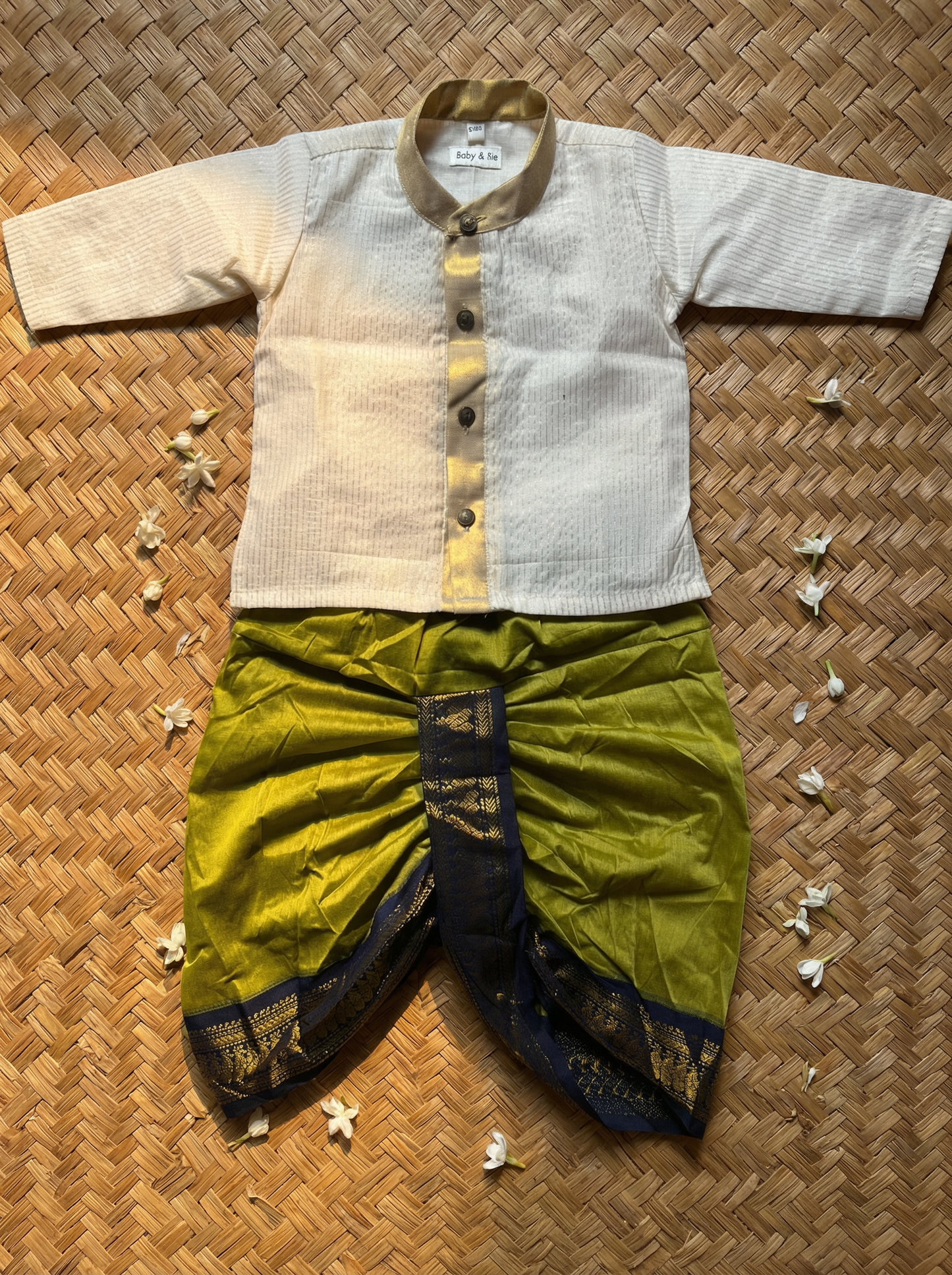 White with gold Kurta and green Dhoti for baby boy