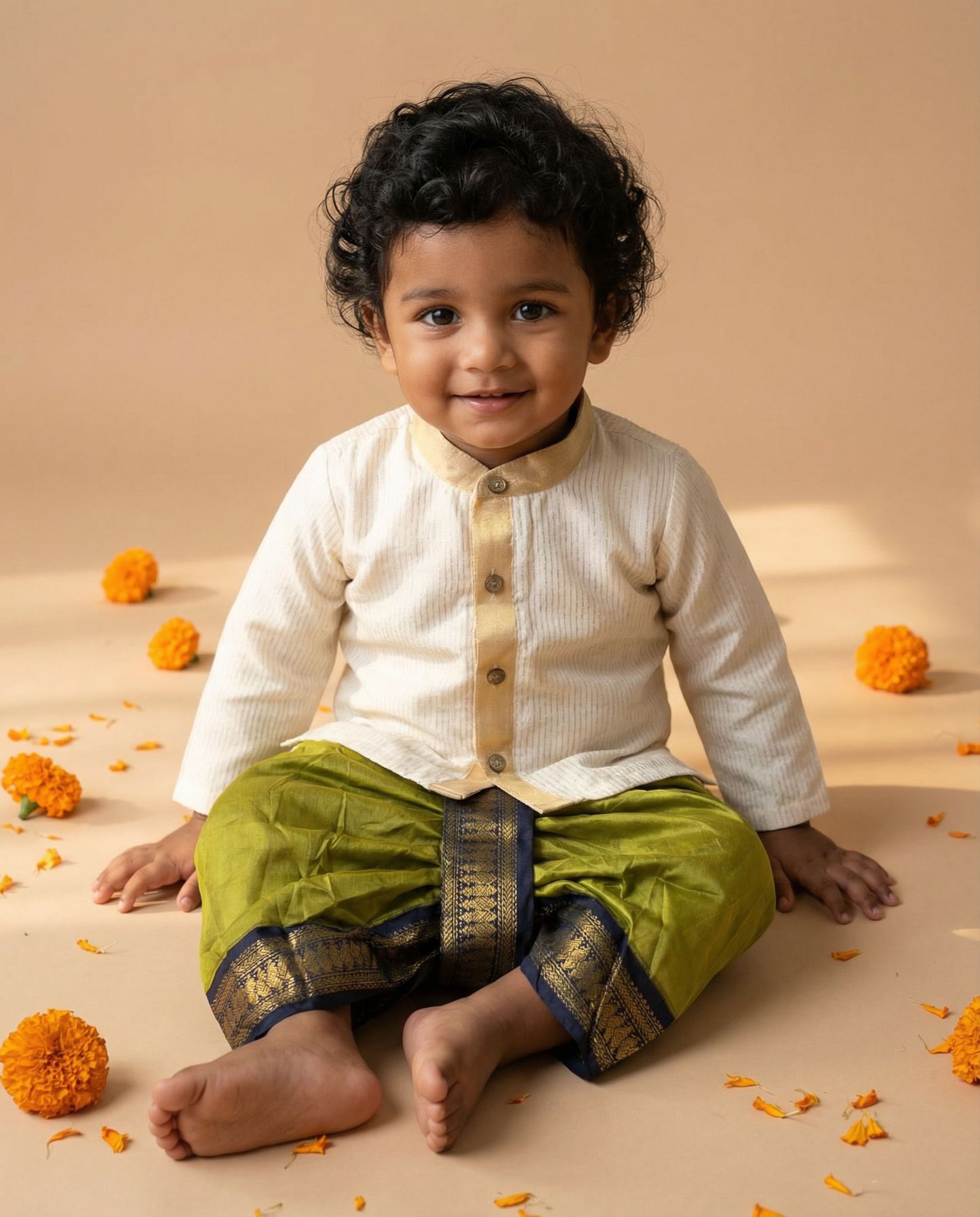 White with gold Kurta and green Dhoti for baby boy