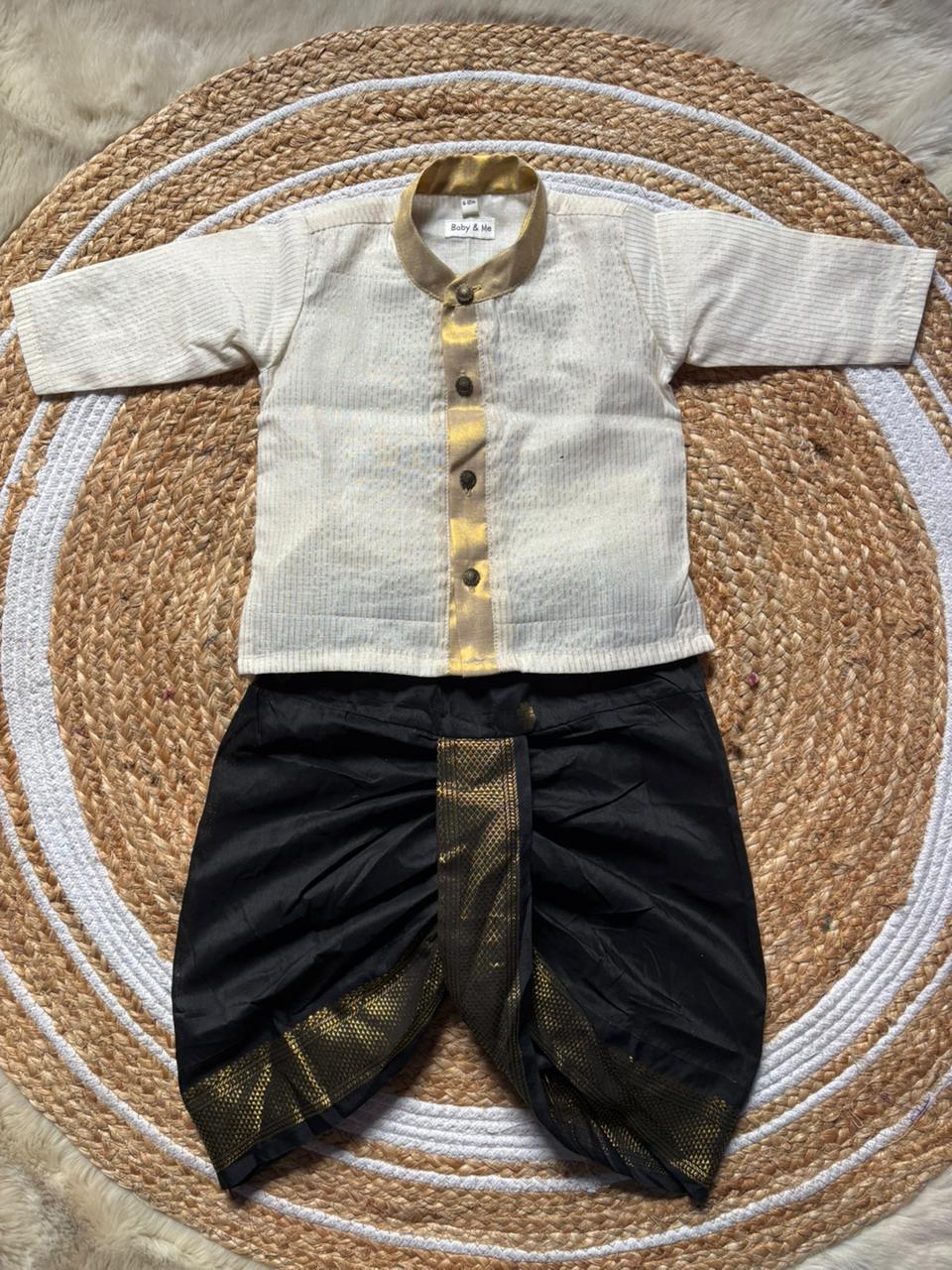 White with gold Kurta and Black diamond design Dhoti for baby boy