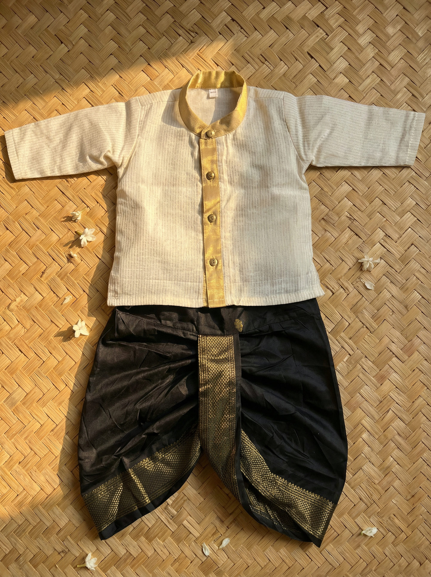White with gold Kurta and Black diamond design Dhoti for baby boy