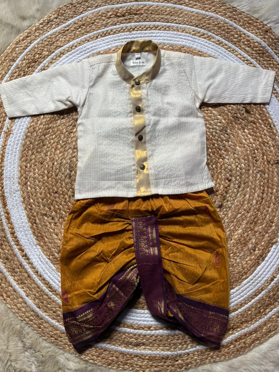 White with gold Kurta and Mustard yellow Dhoti for baby boy