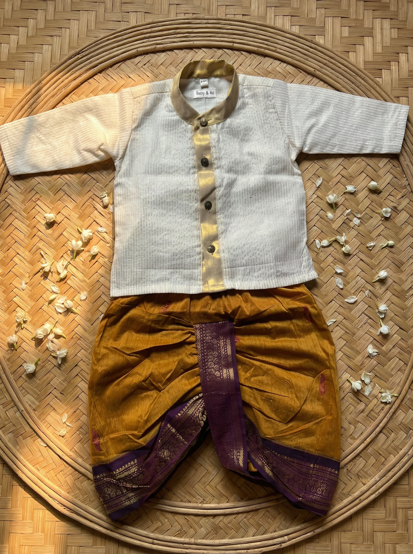 White with gold Kurta and Mustard yellow Dhoti for baby boy