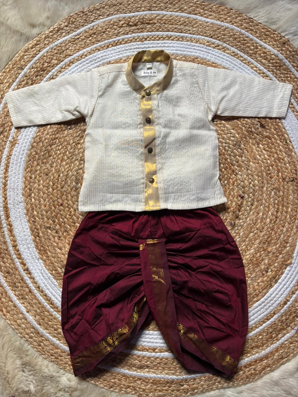 White with gold Kurta and Maroon mango design Dhoti for baby boy