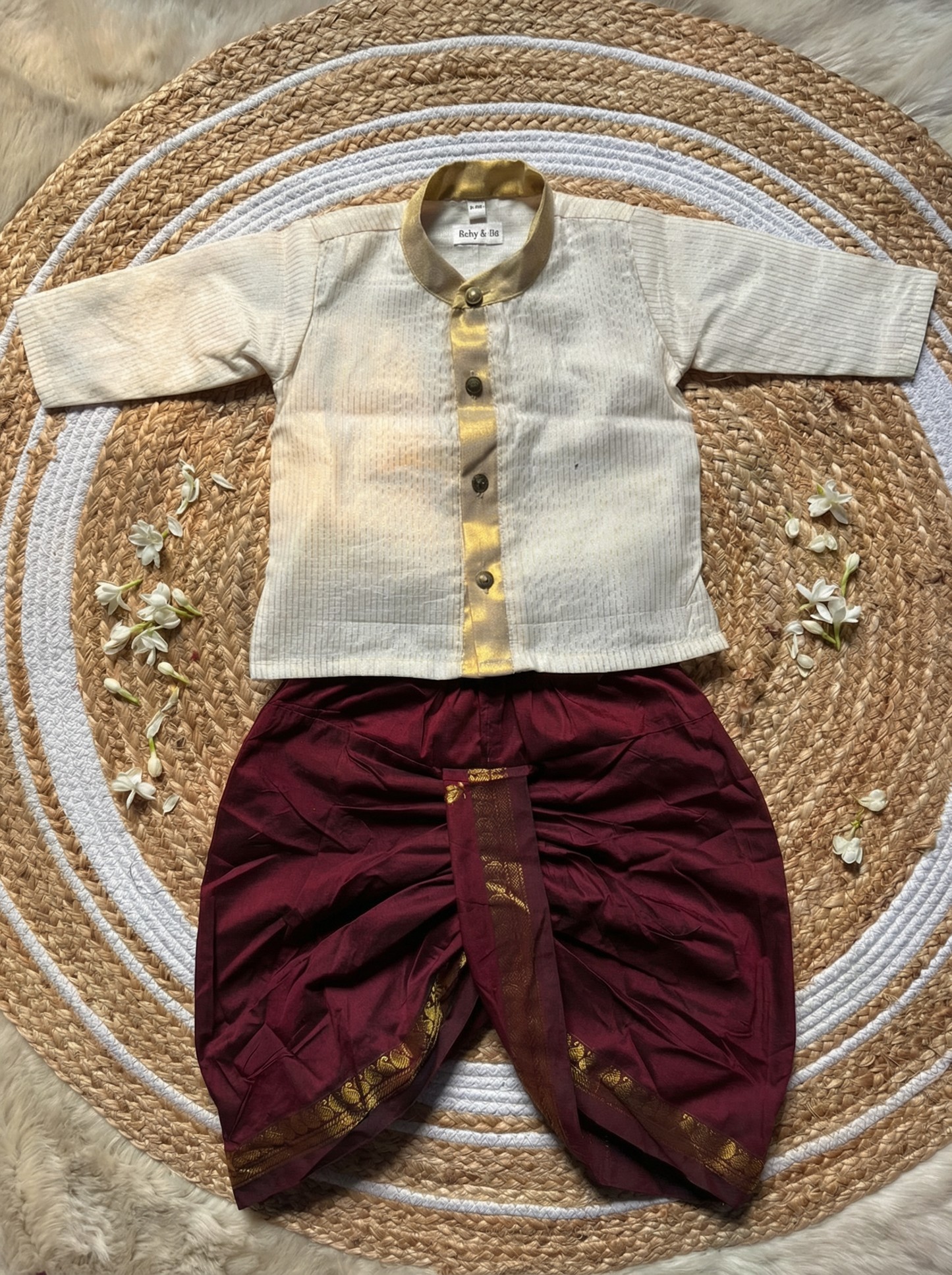 White with gold Kurta and Maroon mango design Dhoti for baby boy