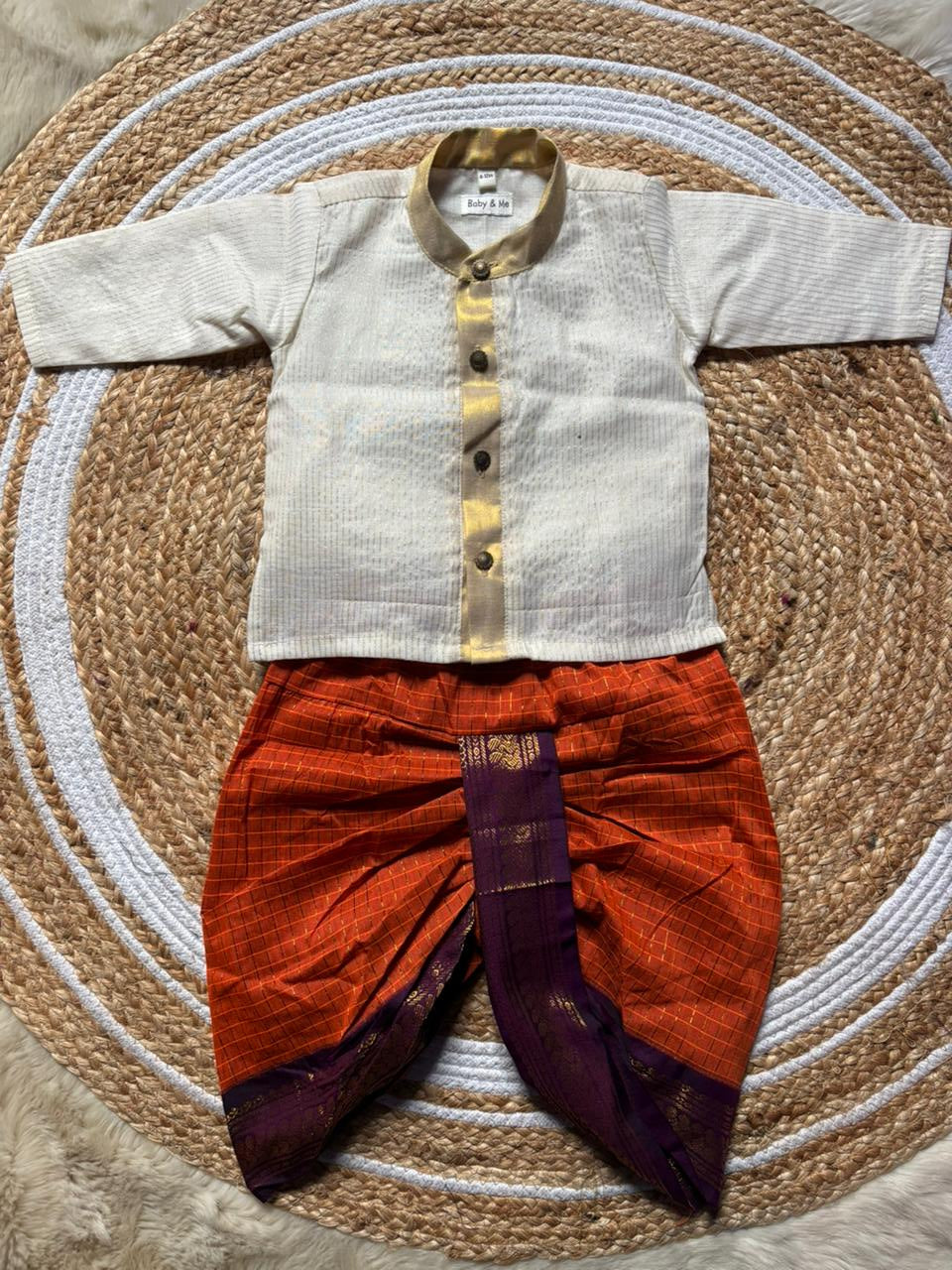 White with gold Kurta and Rusty orange Dhoti for baby boy