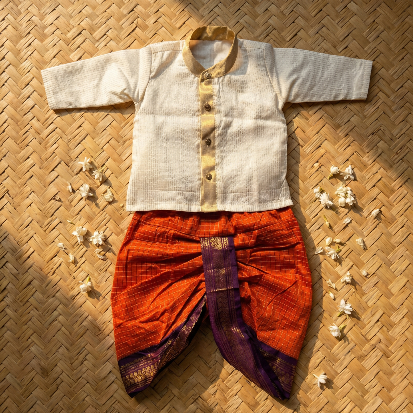 White with gold Kurta and Rusty orange Dhoti for baby boy