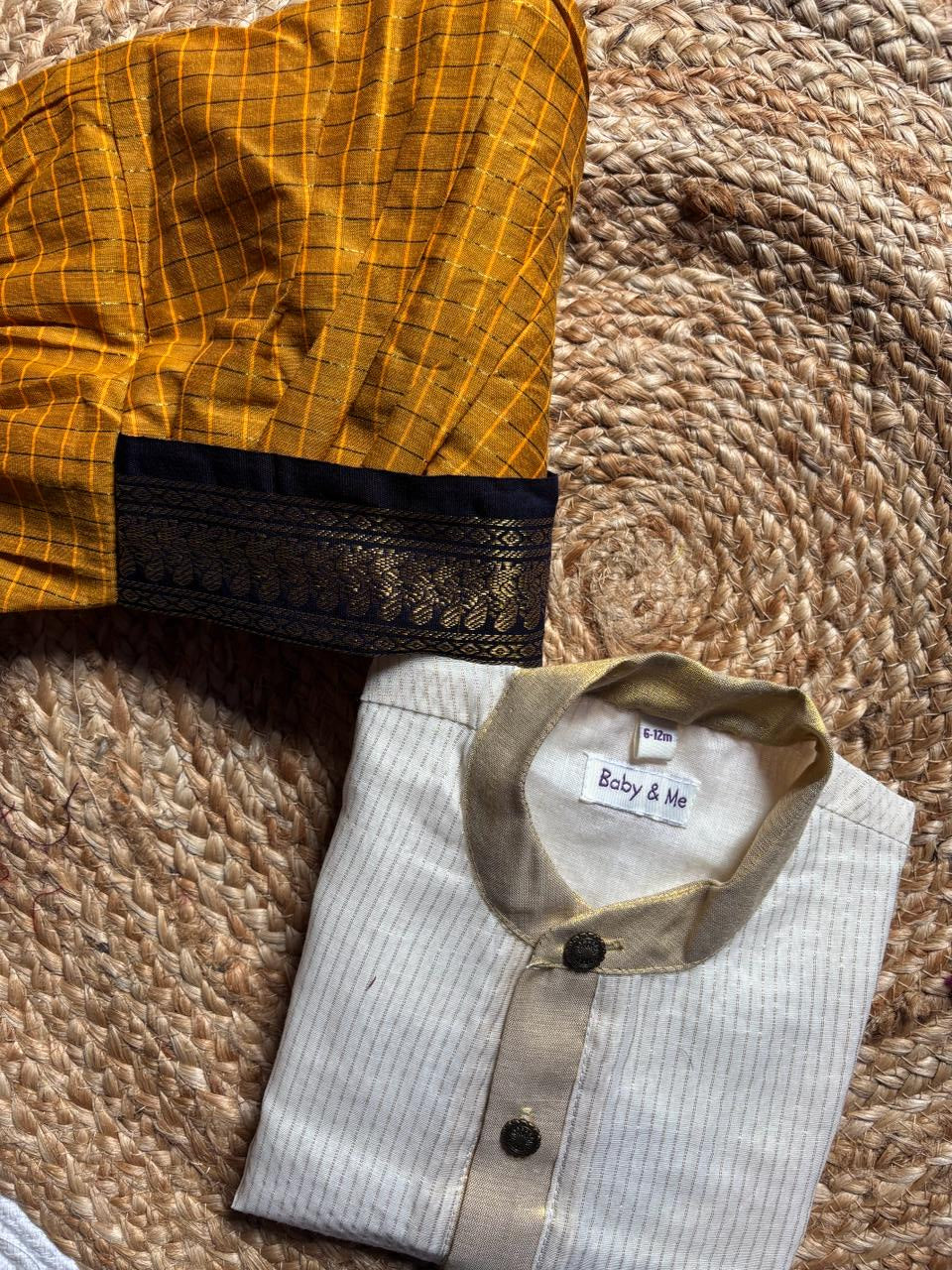 White with gold Kurta and Mustard yellow and navy blue Dhoti for baby boy