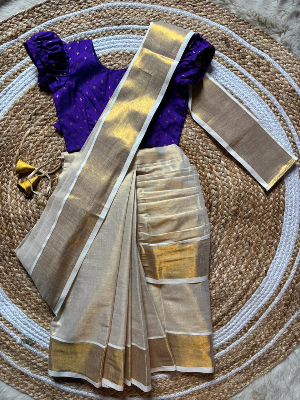 Reshme Gold and violet - Ready to wear Kerala kasavu saree for kids Ethnic wear for baby girl