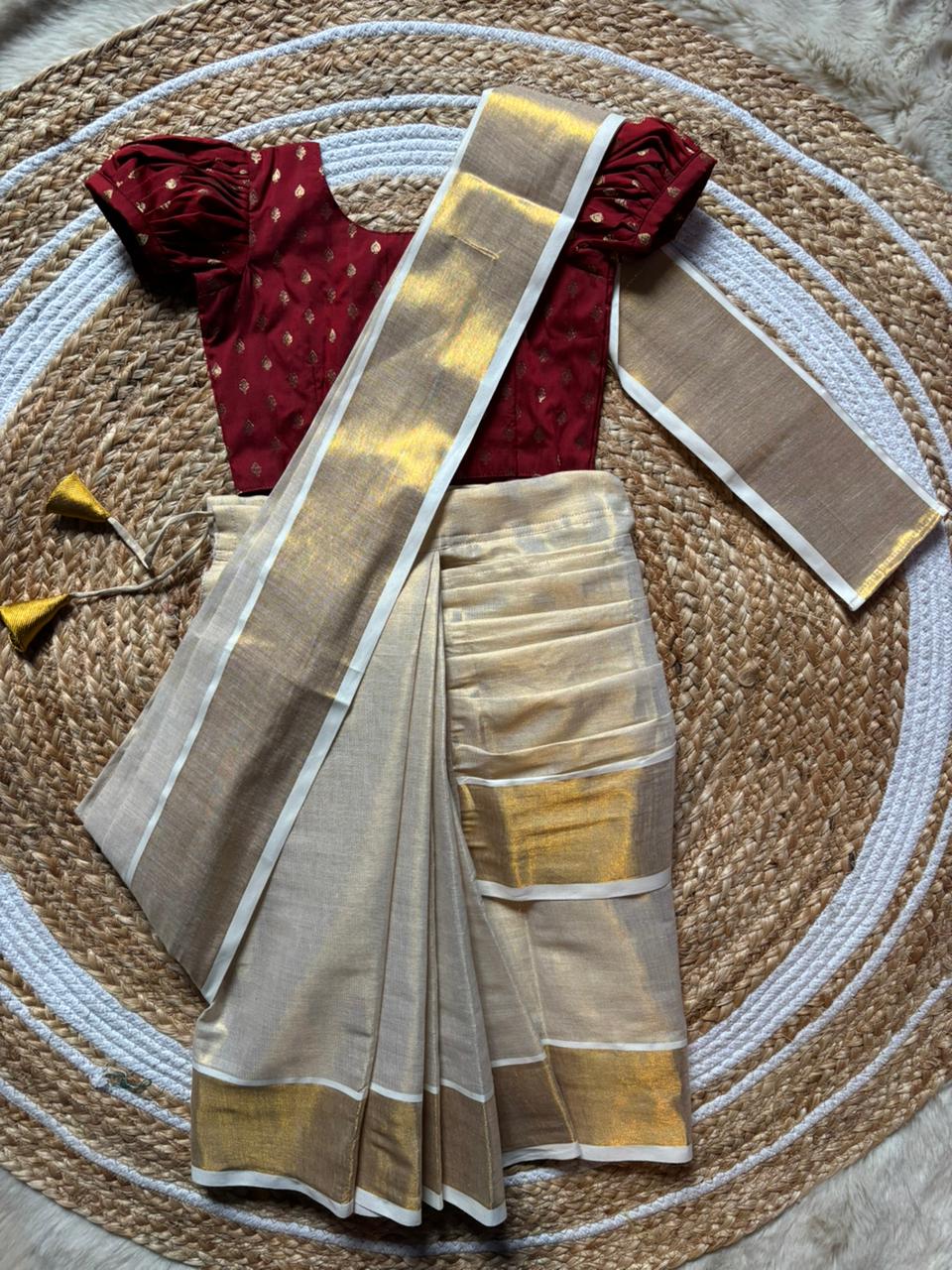 Reshme Gold and Maroon - Ready to wear Kerala kasavu saree for kids Ethnic wear for baby girl