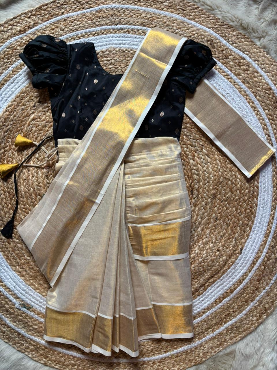 Reshme Gold and Black - Ready to wear Kerala kasavu saree for kids Ethnic wear for baby girl