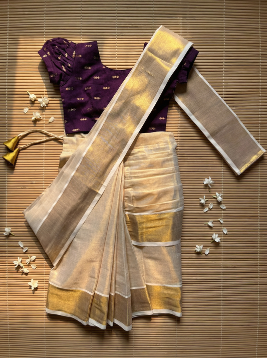 Reshme Gold and Wine - Ready to wear Kerala kasavu saree for kids Ethnic wear for baby girl