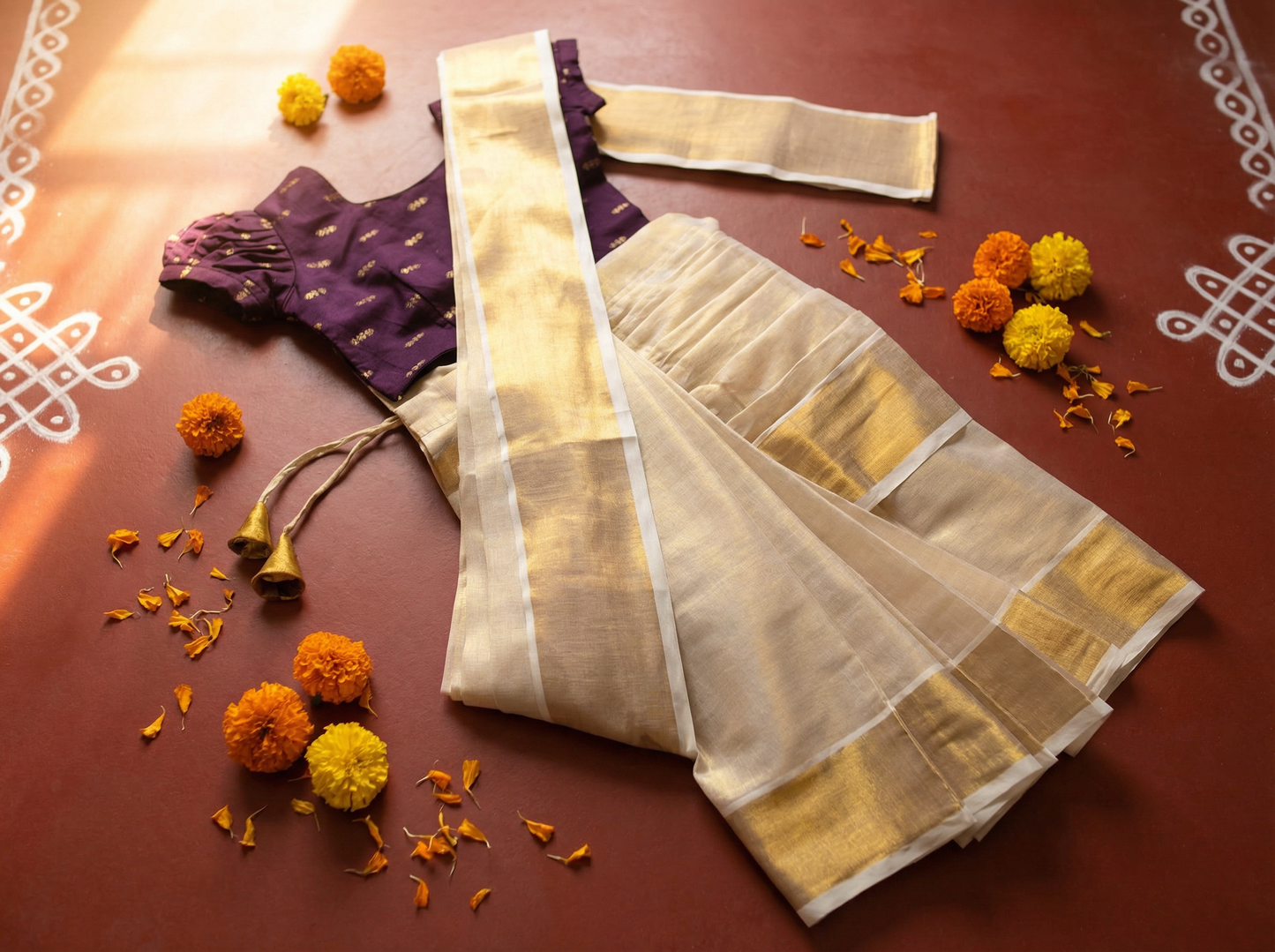 Reshme Gold and Wine - Ready to wear Kerala kasavu saree for kids Ethnic wear for baby girl