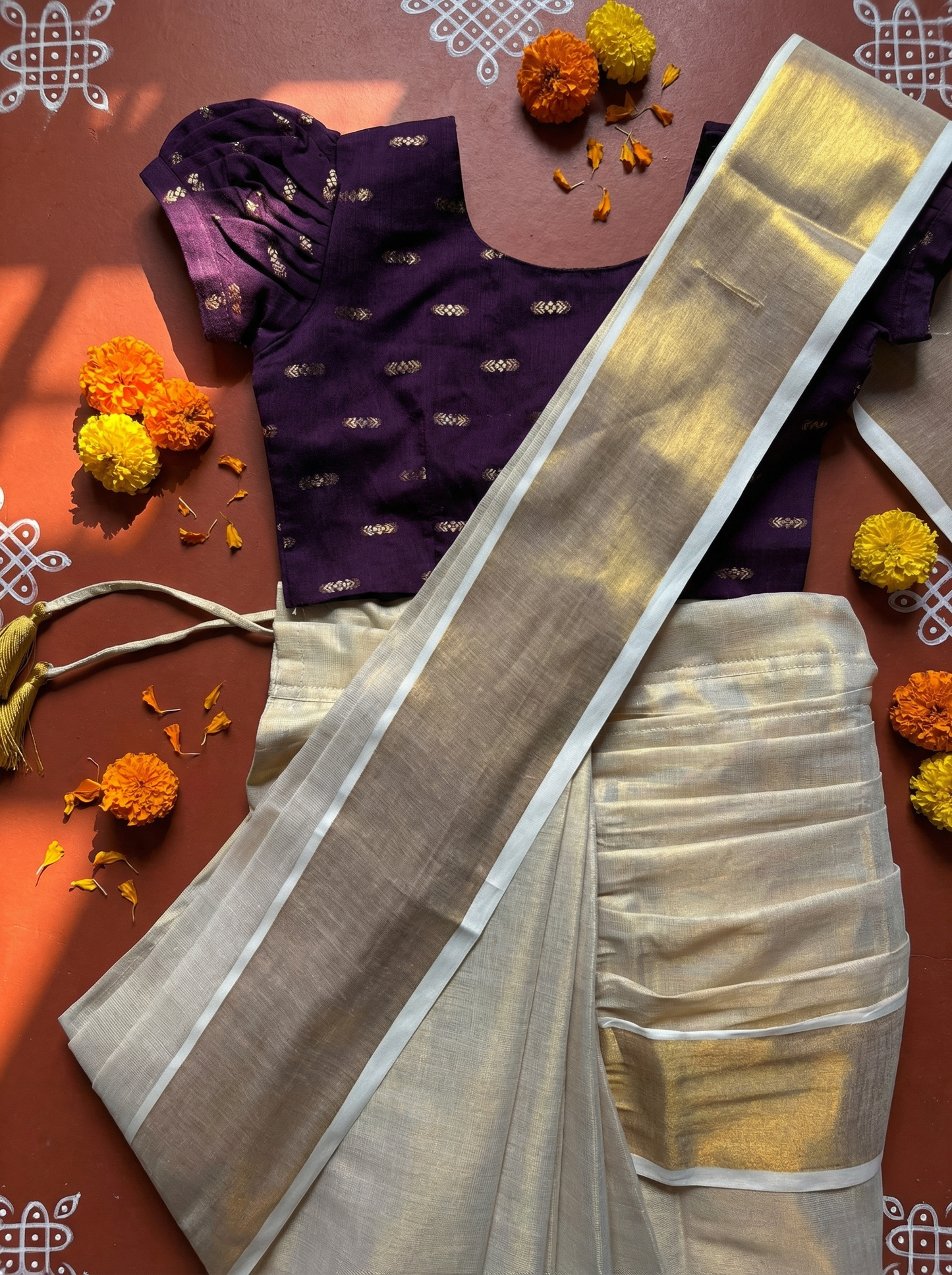 Reshme Gold and Wine - Ready to wear Kerala kasavu saree for kids Ethnic wear for baby girl