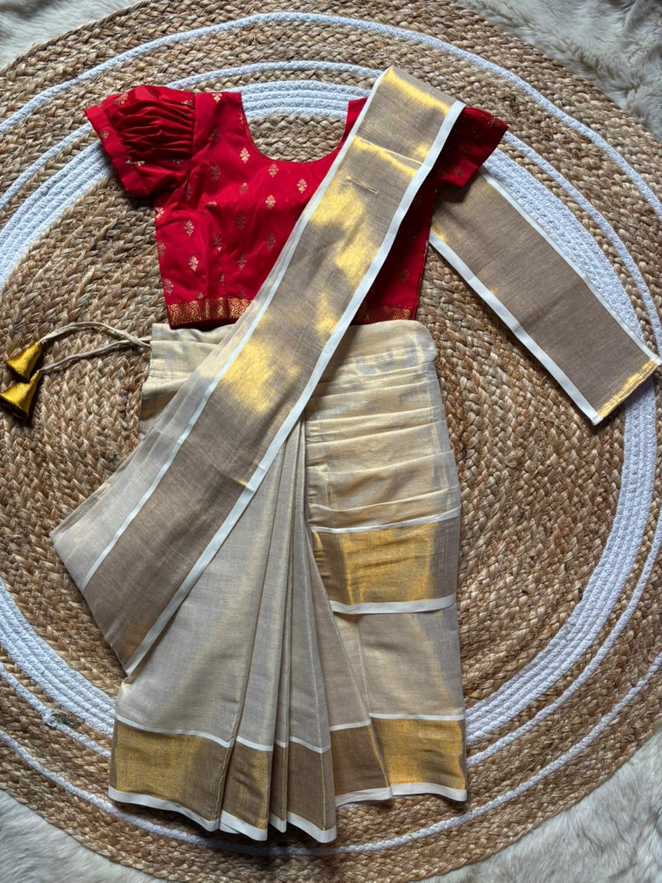 Reshme Gold and Red - Ready to wear Kerala kasavu saree for kids Ethnic wear for baby girl