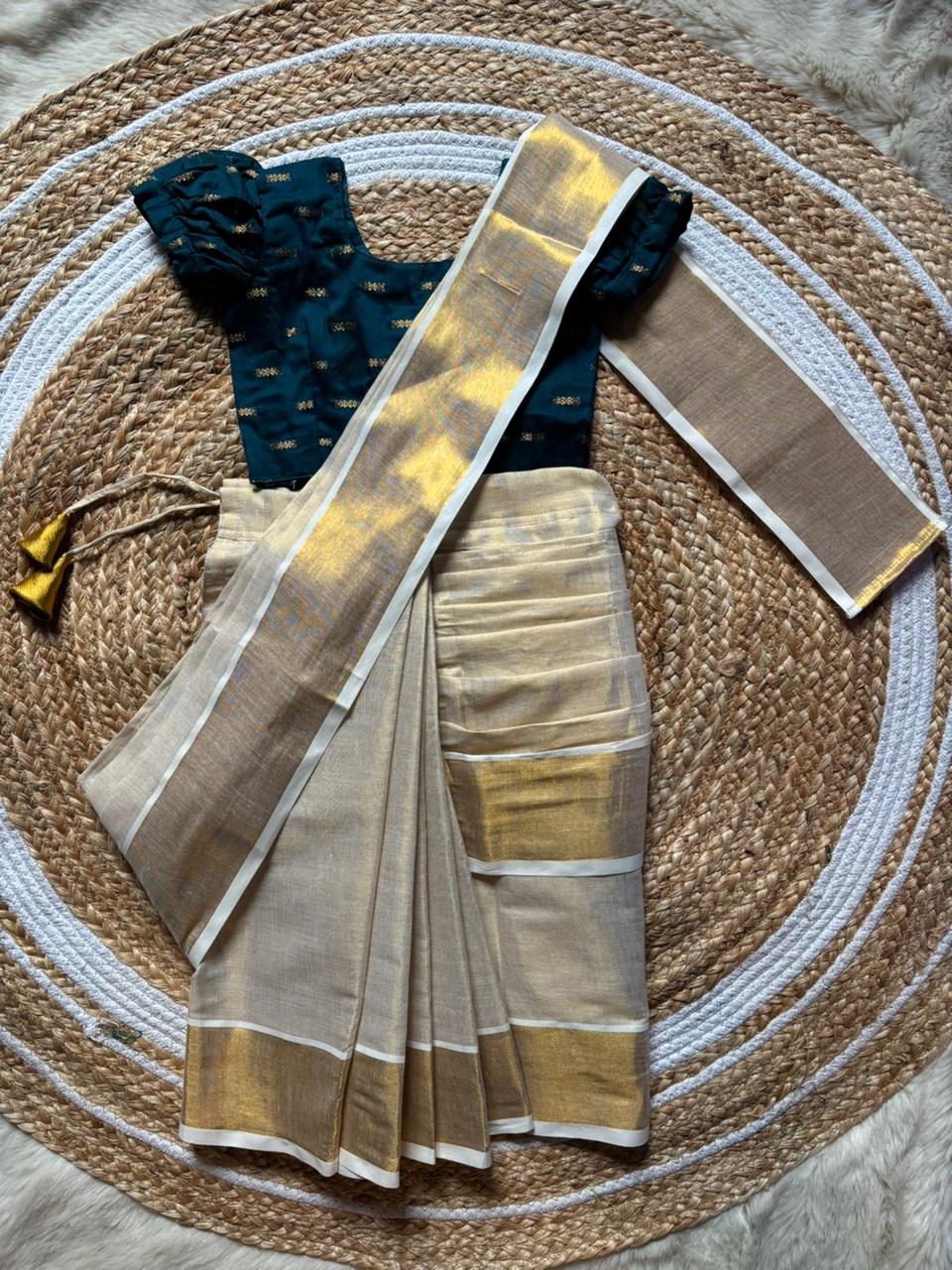Reshme Gold and Peacock green - Ready to wear Kerala kasavu saree for kids Ethnic wear for baby girl