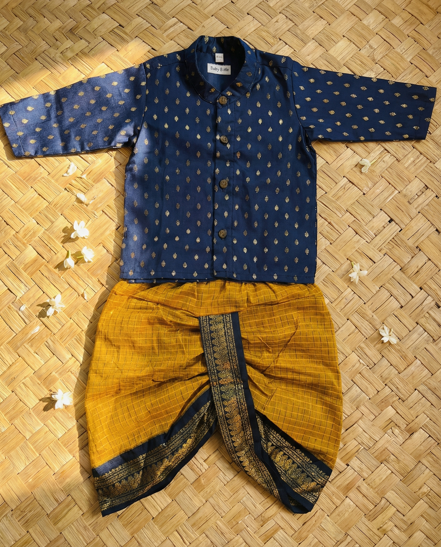 Mustard yellow and navy blue embroidered kurta dhoti ethnic dress for baby boy