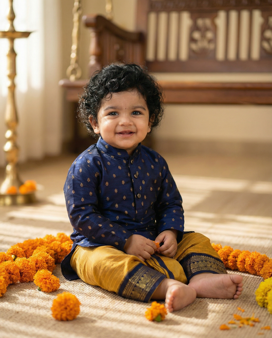 Mustard yellow and navy blue embroidered kurta dhoti ethnic dress for baby boy