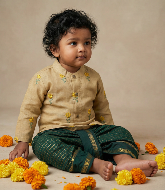 Pure Linen Pastel yellow with bottle green checks Kurta Dhoti Ethnic Wear for baby boy