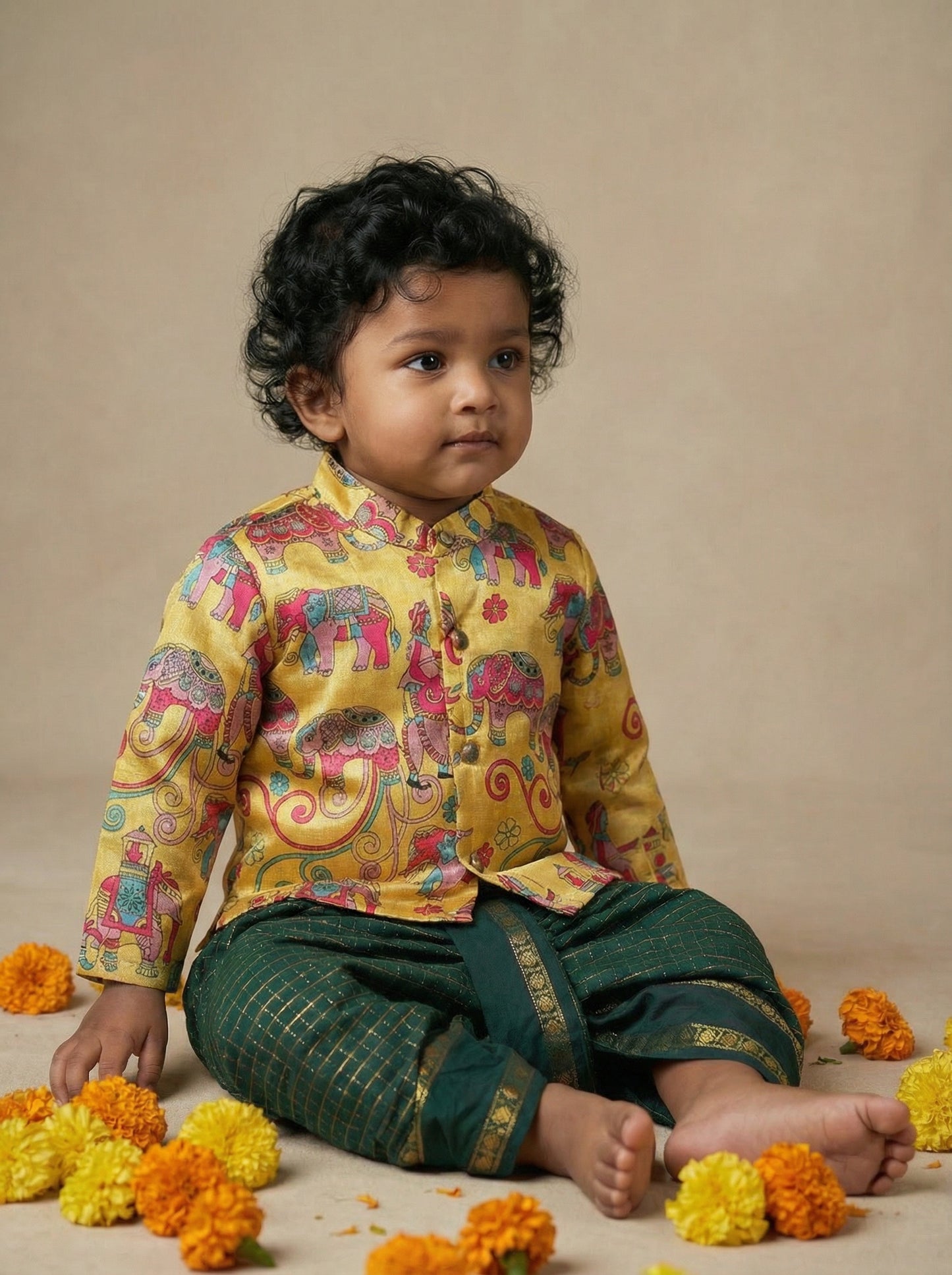 Traditional Indian Yellow Aane Print kurta with bottle green checks dhoti baby boy ethnic wear