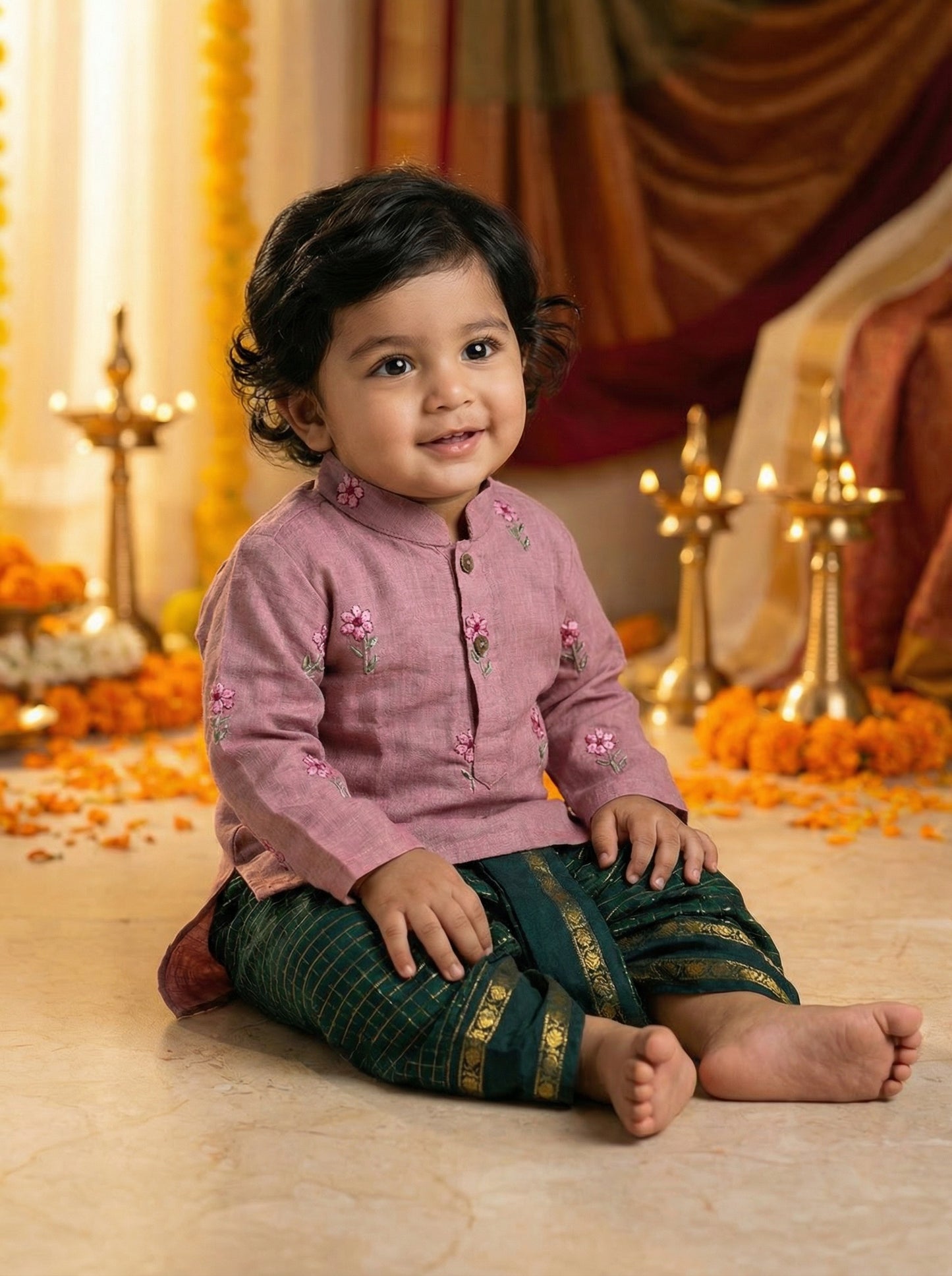 Pastel pink Linen and bottle green checks Kurta dhoti ethnic wear for baby boy