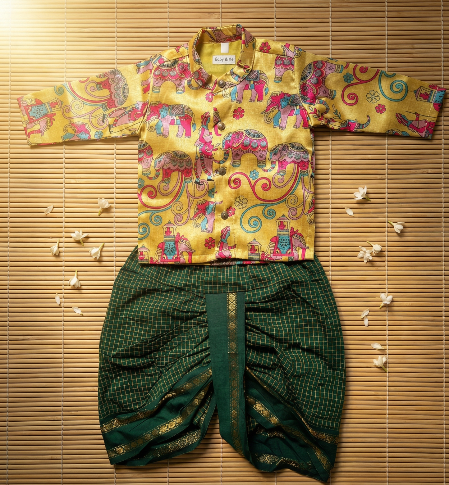 Traditional Indian Yellow Aane Print kurta with bottle green checks dhoti baby boy ethnic wear