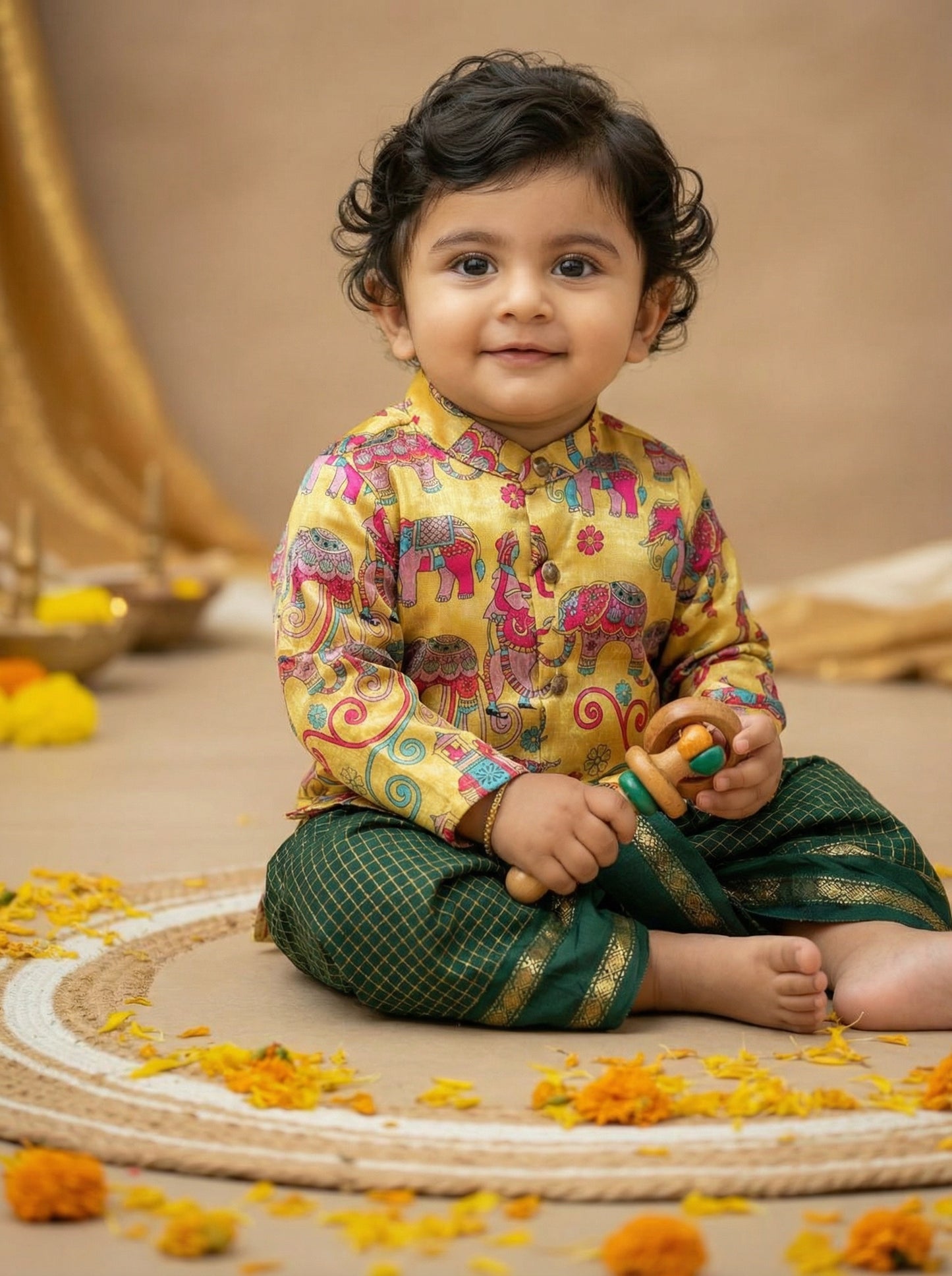 Traditional Indian Yellow Aane Print kurta with bottle green checks dhoti baby boy ethnic wear