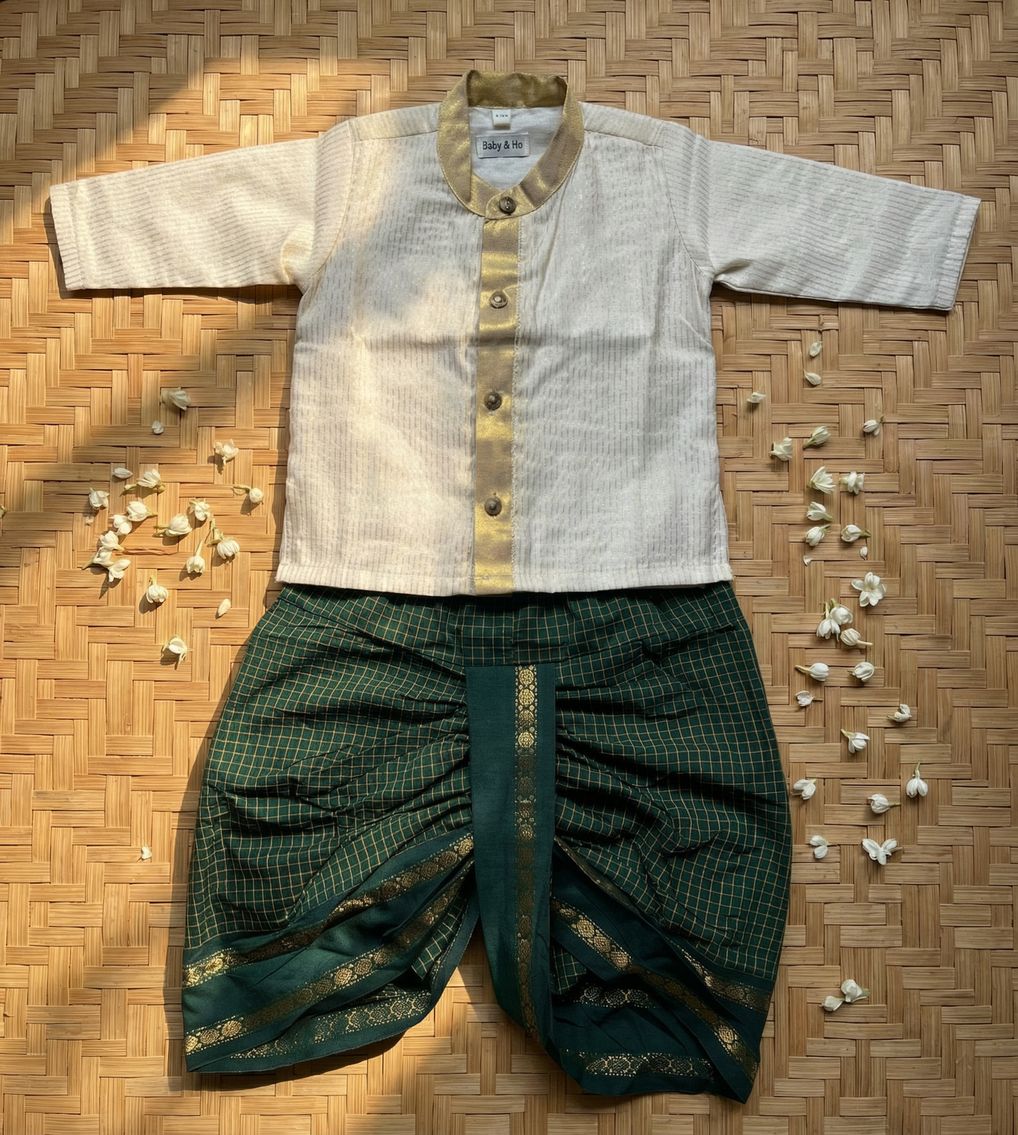 White with gold Kurta and Bottle green checks Dhoti for baby boy