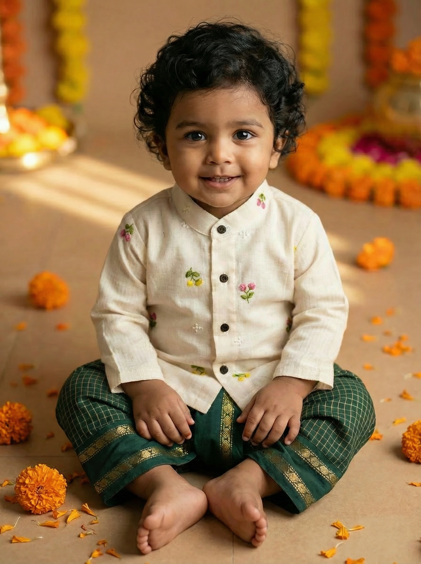 Pure Linen White and  bottle green checked zari woven Kurta Dhoti for baby boy