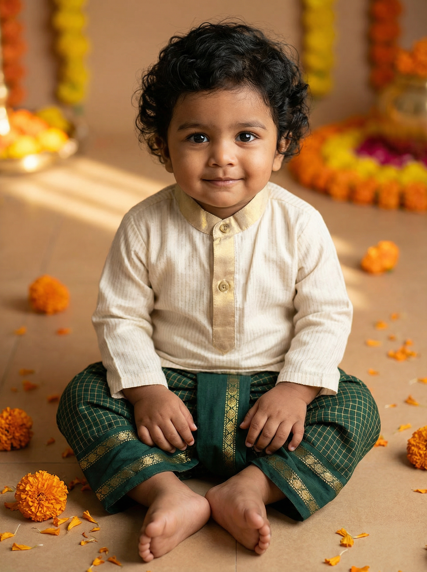 White with gold Kurta and Bottle green checks Dhoti for baby boy