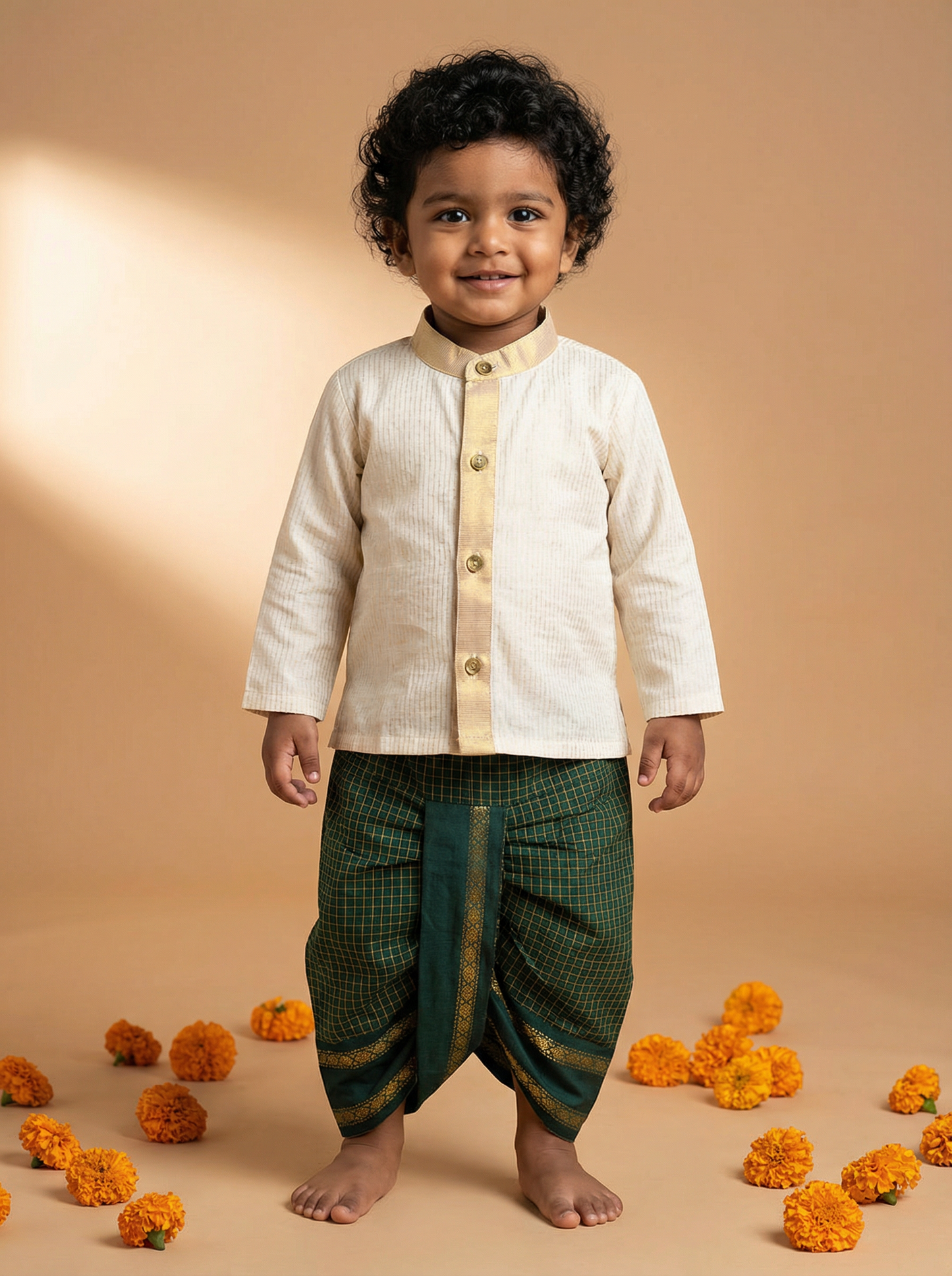 White with gold Kurta and Bottle green checks Dhoti for baby boy