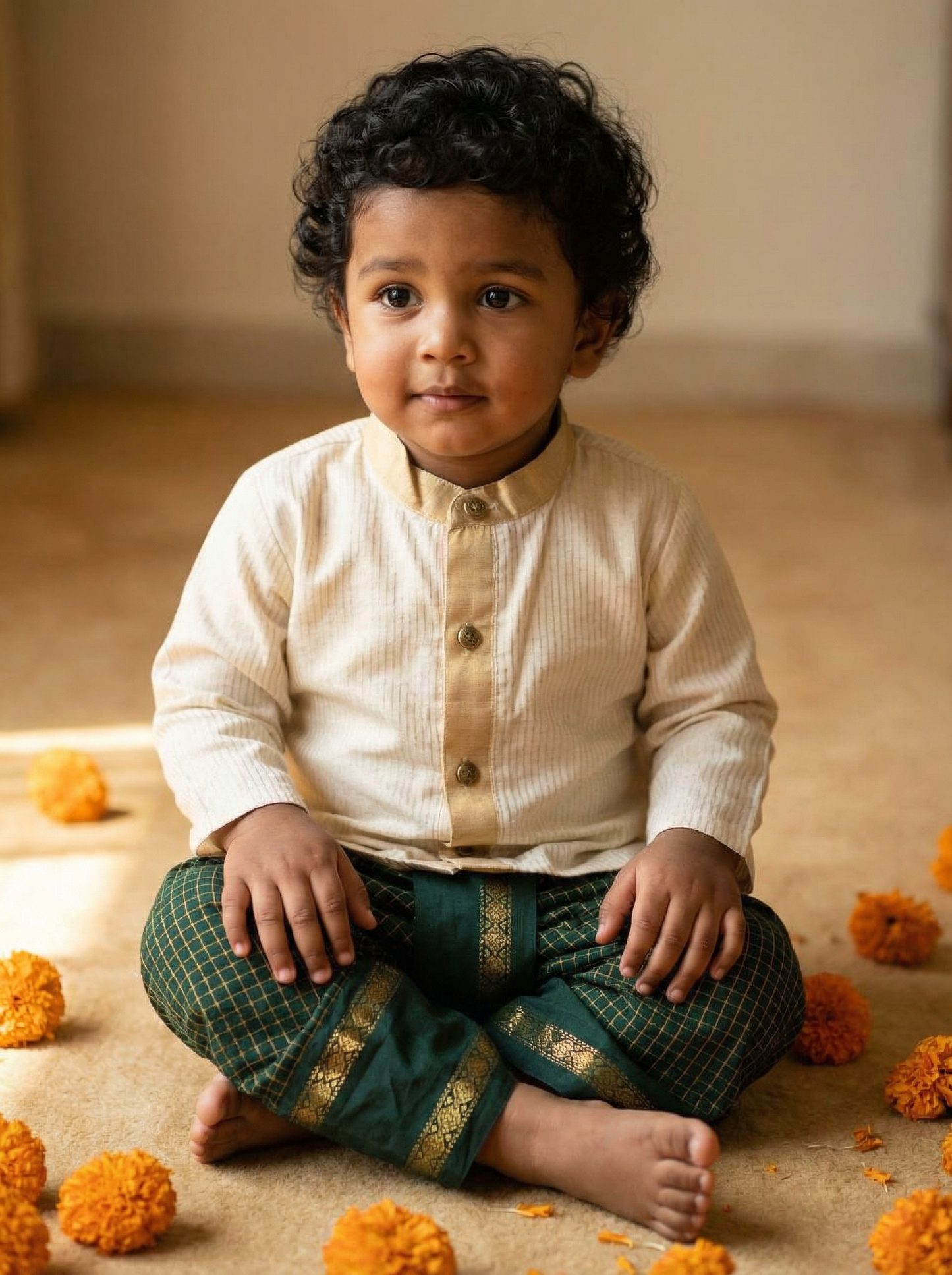 White with gold Kurta and Bottle green checks Dhoti for baby boy