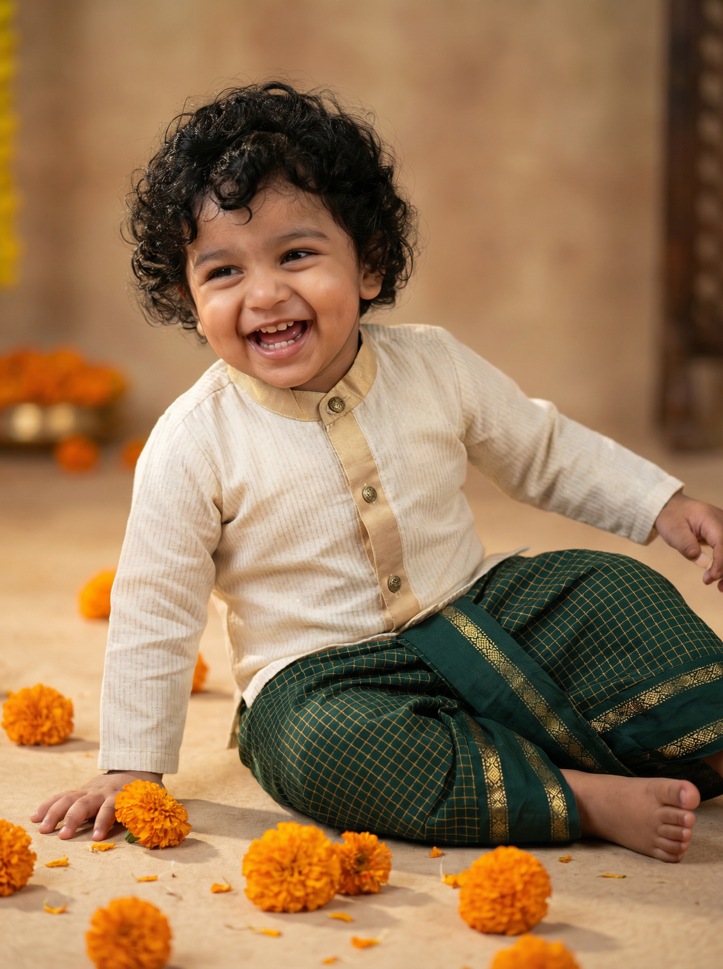 White with gold Kurta and Bottle green checks Dhoti for baby boy