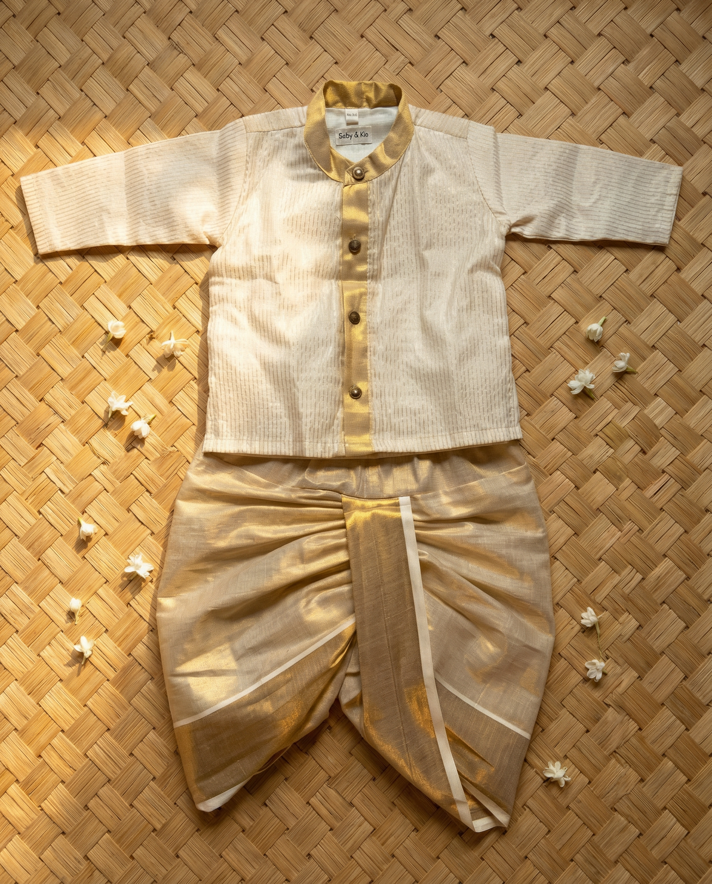 White with gold Kurta and Reshme Beige gold Dhoti for baby boy